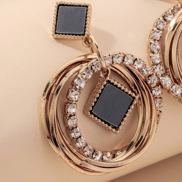 Golden/Black Round Layered Drop Earrings with Rhinestones - Picture 3 of 3